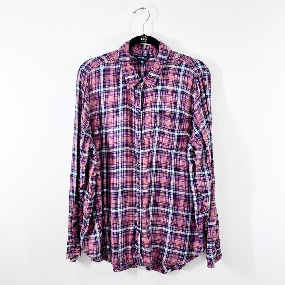 Lucky brand oversized flannel plaid blouse w/ button back